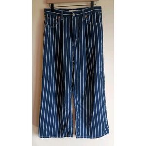 Levi's Ribcage Pleated Crop Jeans 30 Navy White Striped Wide Leg High Rise Pants